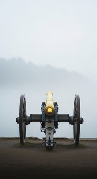 Golden cannon on a rocky outcrop against a foggy sky, representing historical defense, power, and heritage
