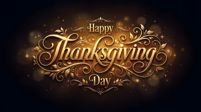 Elegant golden typography design for a happy thanksgiving greeting card featuring intricate flourishes and glowing light effects isolated on a dark luxury background for celebration