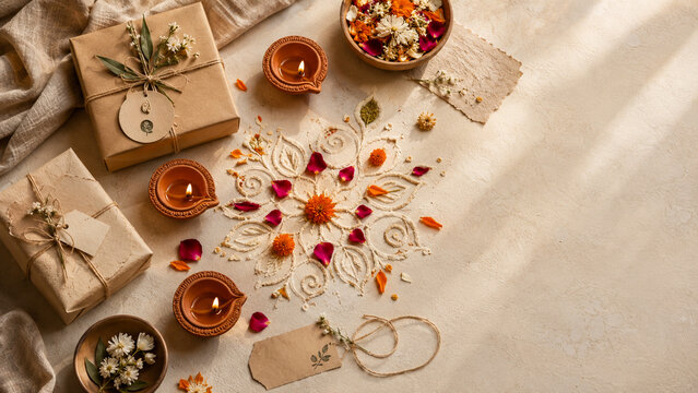 Festive Diwali flat lay with floral rangoli, glowing diyas, sweets, gift box and jewelry on a beige textile background. Ideal for greetings, invitations, advertising and cultural campaigns.