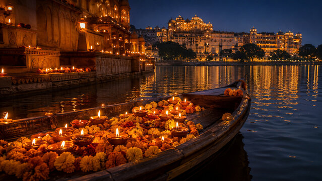 Boat filled with glowing diyas and marigold flowers on a riverside at dusk. Ideal for Diwali greetings, Indian travel, cultural events, tourism, posters, and festive advertising.