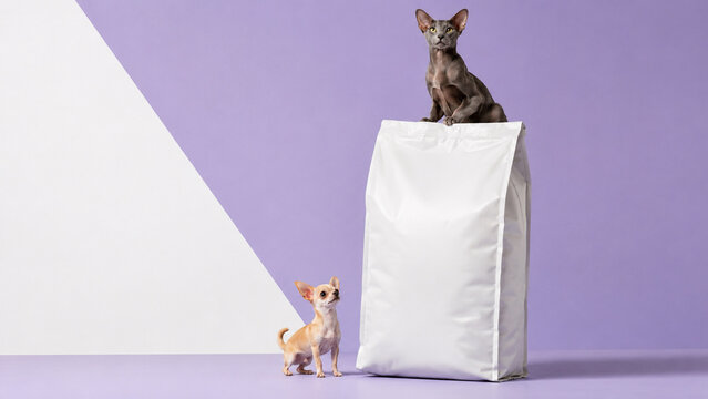 Playful studio portrait of a sphynx cat sitting on a large pet food bag while a tiny Chihuahua looks up. Ideal for pet food, veterinary, animal care and advertising use.