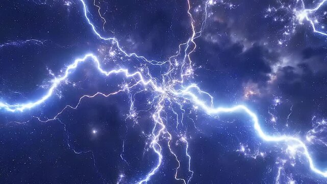 Lightning storm effect across dark sky creating dramatic atmosphere concept. Powerful electric lightning bolts striking in a dark night sky with bright stars and cosmic energy effects