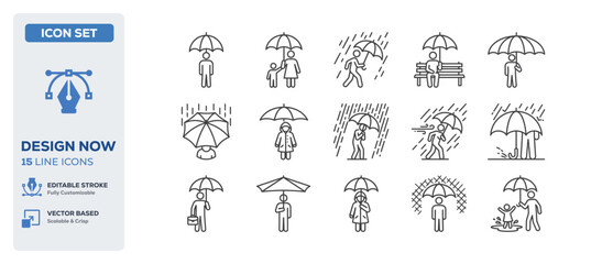 Fototapeta premium flat vector illustration line art icon bundle set design representing weather icons rain umbrellas and rainy day activities for meteorology and climate forecast apps