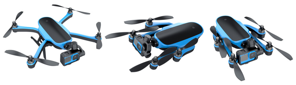 Flying photo and video drone or quad copter with action camera isolated on white