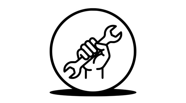Minimalist wrench icon in hand, black line art mechanic tool vector, industrial repair and maintenance service symbol for technical support