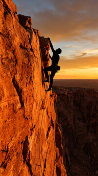 Vertical sport concept, below-looking-up perspective, golden hour rock face glow, climber approaching top, face not visible, plain gear
