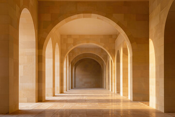 Fototapeta premium Symmetrical Mediterranean courtyard with arched stone columns and warm afternoon light.