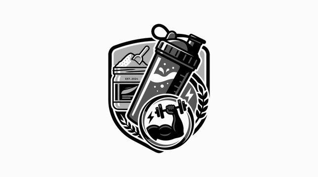 Fitness supplement shaker bottle shield logo design.