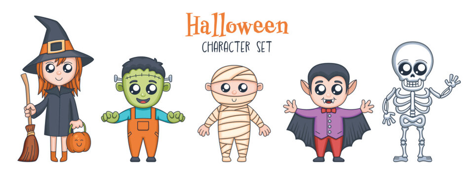 Cute Halloween characters set. witch girl, zombie, vampire, skeleton and mummy. A set of children icons in a cartoon style on white background