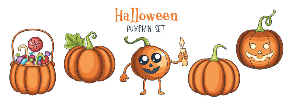 Cute Halloween Pumpkin set. A set of children icons in a cartoon style on white background