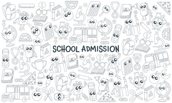 Hand drawn school admission doodle banner. Sketch illustration of school bus, pen, pencil, books. Design template on school theme. Black outline icons on white background