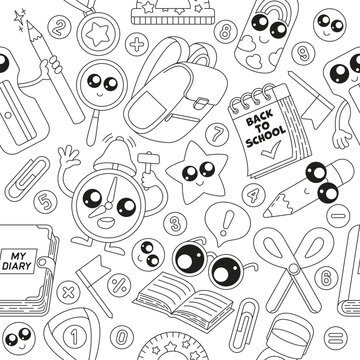 Hand drawn School seamless pattern. Design template school packaging. Black line icons on white background