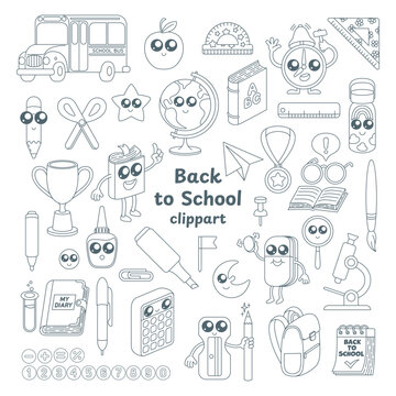 Hand Drawn School Retro Set with Cute Doodle Style. Children elementary education and learning. Black outline icons on white background