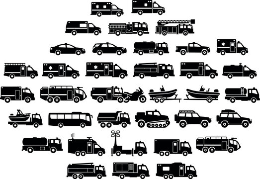 Emergency response and rescue vehicles icon set featuring ambulances, fire trucks, police cars, rescue boats, military transport, and commercial service truck vectors