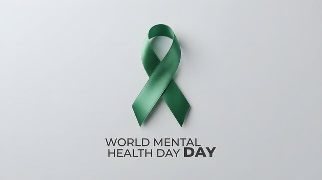 Green awareness ribbon representing world mental health day on a clean light grey studio background