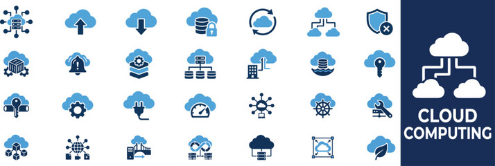 Fototapeta premium Cloud computing icon set. data storage, server network, web hosting, internet technology, database, digital security. solid vector editable icons collection illustration.