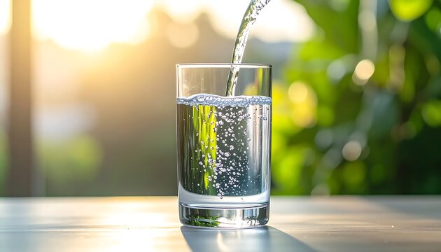 Refreshing glass of water with ice cubes on outdoor table.