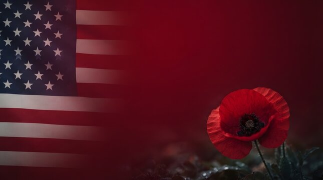 A red poppy flower symbol of remembrance placed against a blurred american flag background for memorial day
