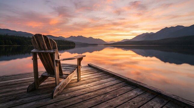 Empty wooden chair on a peaceful lake dock during a beautiful vibrant sunset with mountain reflections