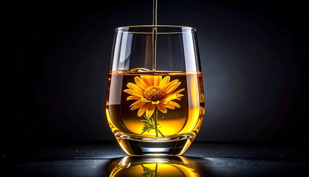 Golden autumn leaves floating in clear water glass.