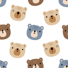 Obraz premium Cute smiling teddy bear faces seamless pattern featuring brown, tan, and blue-grey bear head portraits on a crisp white background.