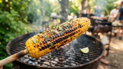 Fototapeta premium Delicious Grilled Corn on the Cob with Herbs and Spices on a Barbecue.