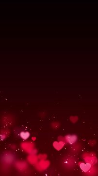 valentines day hearts and glitter shiny stars on red animation , love and passion heart romantic anniversary celebration vertical social media motion background