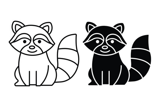 Simple raccoon icons in outline and silhouette styles, vector graphic design set.
