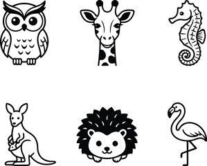 Cute animal line creation icons assortment featuring an owl, giraffe, seahorse, kangaroo, hedgehog, and flamingo. © MSTGD