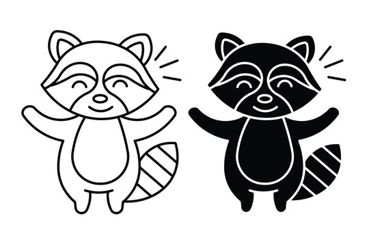 Adorable little raccoon cartoon characters, vector set of outline and solid silhouettes.