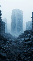 Obraz premium Ruined city landscape with debris and damaged buildings, symbolizing destruction, disaster, and aftermath, evoking a sense of desolation