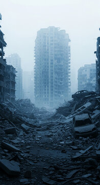 Ruined city landscape with debris and damaged buildings, symbolizing destruction, disaster, and aftermath, evoking a sense of desolation