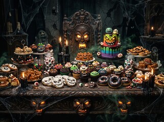 Fototapeta premium Spooky Halloween Banquet Table Loaded With Festively Decorated Treats And Desserts