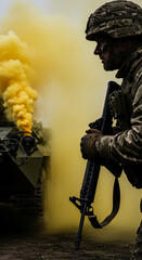 Obraz premium Soldier with rifle in camouflage against yellow smoke, representing conflict, defense, and military action, symbolizing strength and readiness.