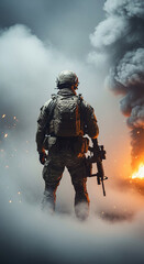Obraz premium Soldier standing in smoke with fire in background, symbolizing conflict, readiness, and danger, representative of military operations