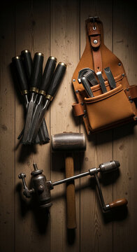 A collection of vintage carpentry tools, including chisels, a hammer, a hand drill, and a leather tool belt, showcased on a wooden background, symbolizing craftsmanship and manual labor.