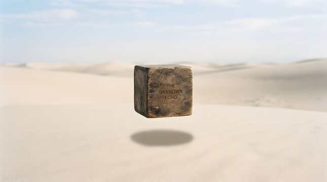 A mysterious stone cube floating above the sand dunes of a vast and empty desert landscape