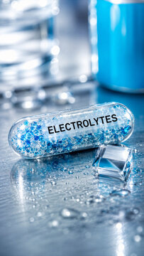 A health product labeled electrolytes rests on a silver surface. Blue liquid is in a glass behind it. Clear cubes lie next to the product. The setting looks well-lit and clean