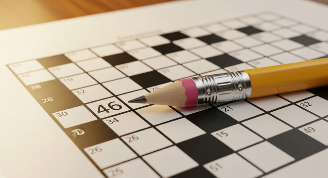 A yellow pencil with a pink eraser is positioned on a crossword puzzle, ready for solving, symbolizing a moment of thought or leisure activity, perfect for educational or relaxation themes