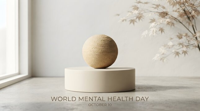 Minimalist product display podium with a decorative stone sphere and dried flowers in a bright modern studio