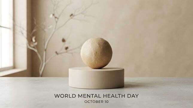 Minimalist product display stand with a wooden sphere on a beige background for cosmetic product presentation