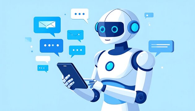 Modern robot character analyzing data charts and graphs.
