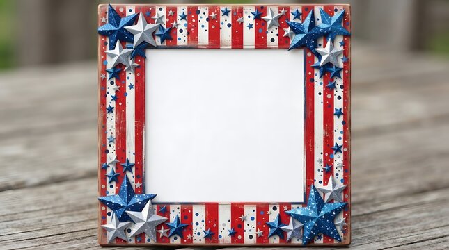 A patriotic american themed square picture frame with red white and blue stripes and star decorations