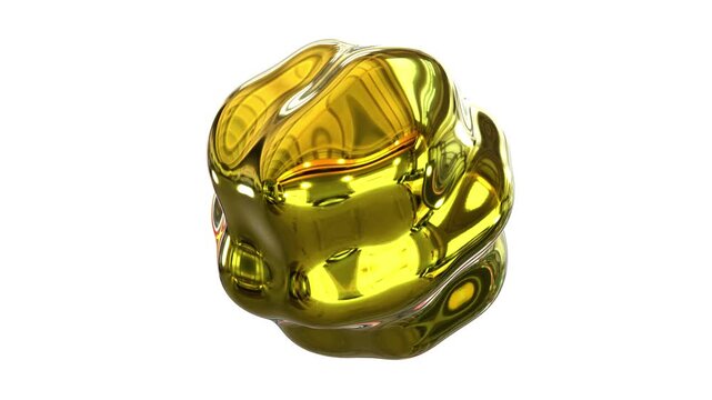 Morphing gold liquid blob isolated on white, shape-shifting chrome golden metal object with high gloss reflection, 4k computer graphic seamless animation.