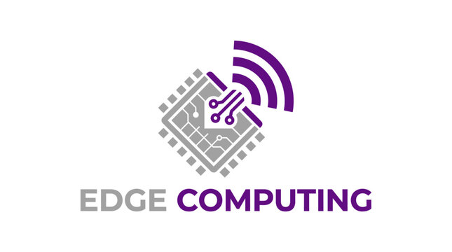 Edge computing logo with circuit board and wireless signal.