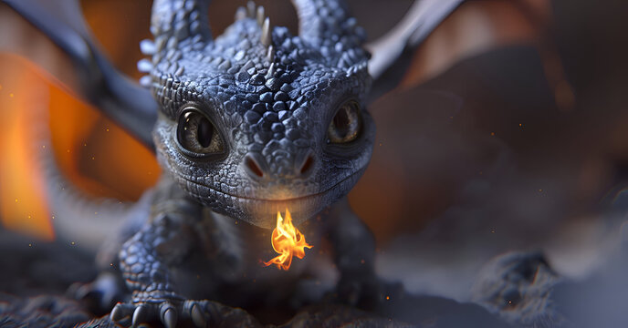 Baby dragon exhaling tiny flame on rocky surface closeup