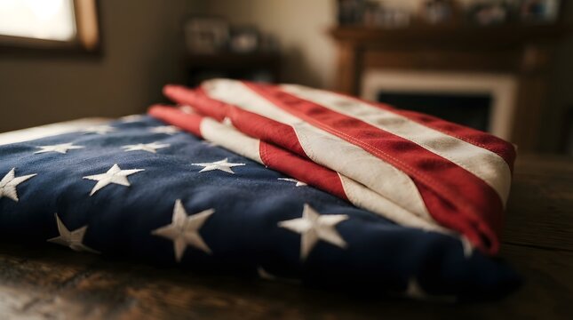 A folded american flag resting on a wooden surface inside a dimly lit room with soft natural light