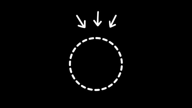 Animated highlight arrow pointing to dash circle rotating on black background. arrow pointing at dashed circle animation. direction arrow icon animation with circle.