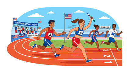 Children competing in relay race on athletic track.