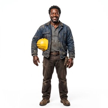 Smiling Black construction worker holding yellow hard hat and work gloves on white background Silhouette